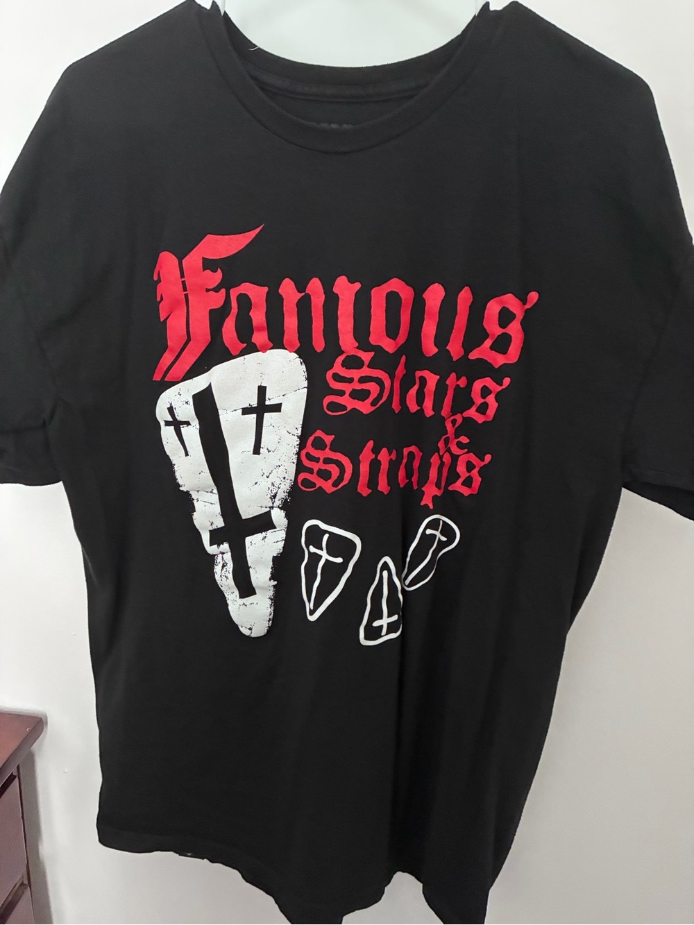 Famous Stars & Straps Black Short Sleeve Tee with Red & White Graphic